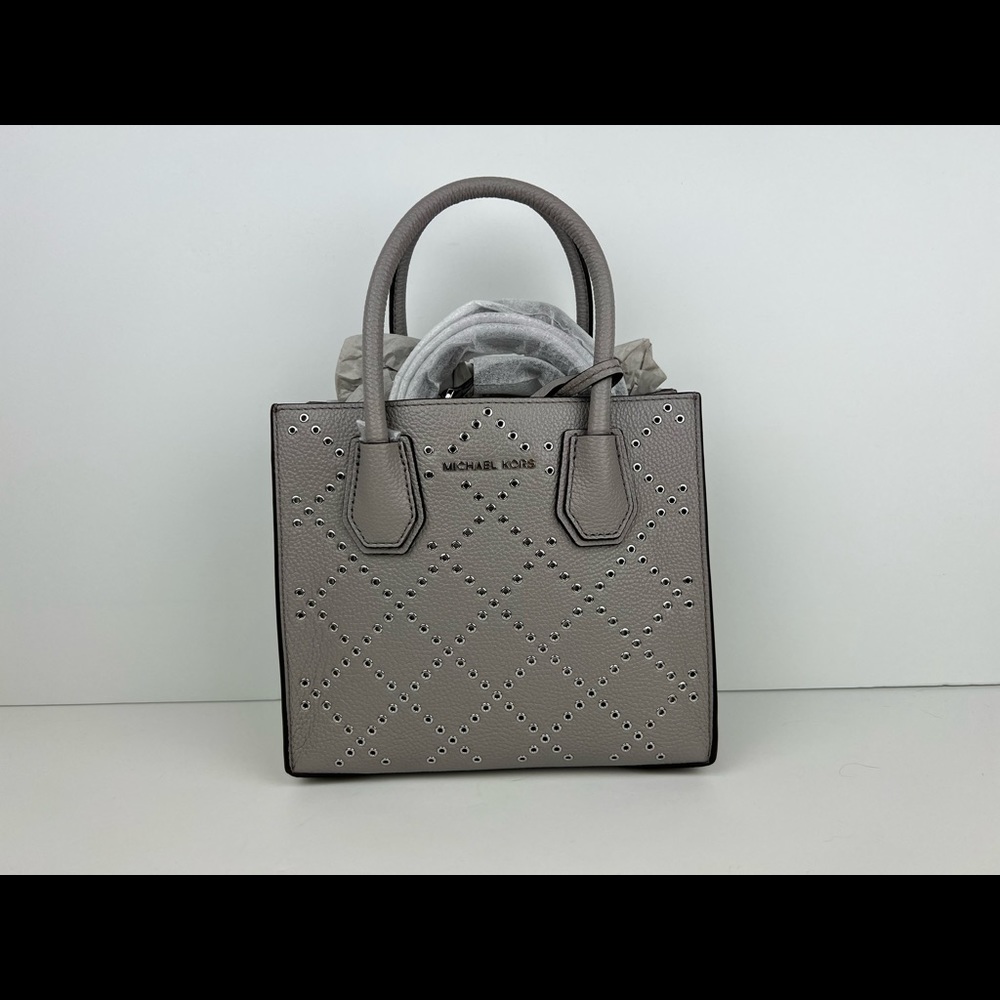 Michael Kors Mercer Studded Grommet Medium Cross-Body Messenger Pearlgrey